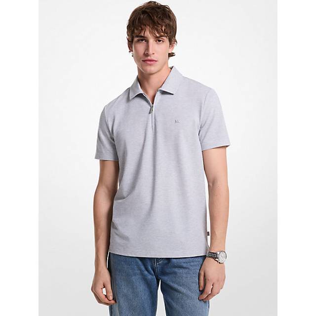 MK Cotton Blend Piqué Zip-Up Polo Shirt - Brown - Michael Kors - L