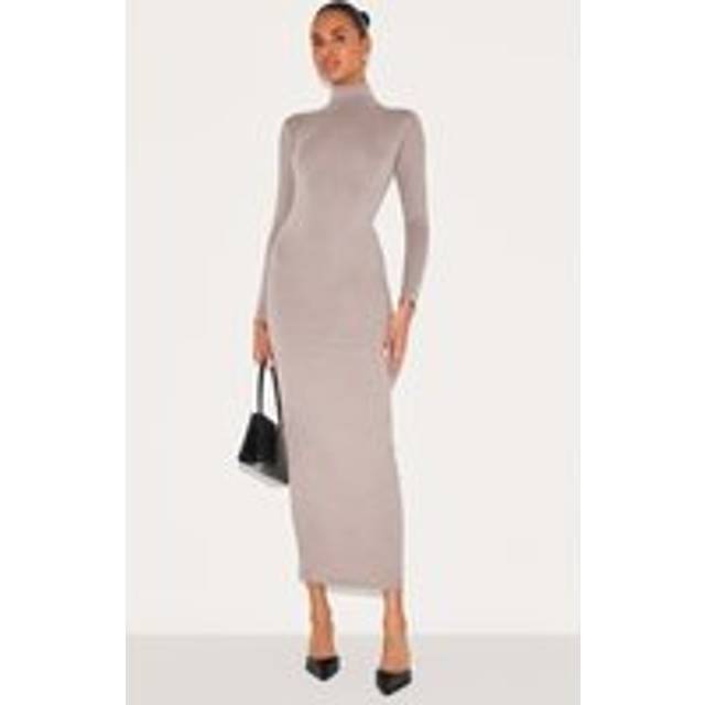 Dove Grey Cotton Long Sleeve High Neck Midaxi Dress, Dove Grey - 16