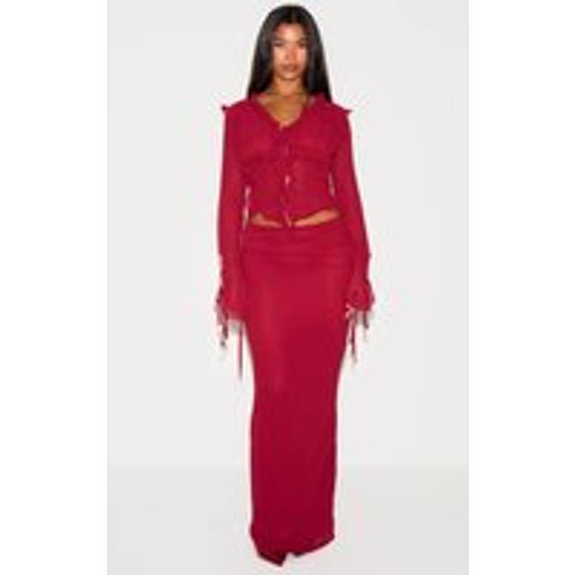 Burgundy Ruched Chiffon Maxi Skirt, Red - 6