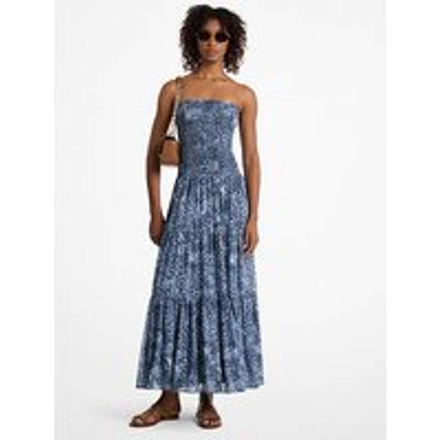 MK Floral Print Georgette Smocked Tiered Dress - Blue - Michael Kors