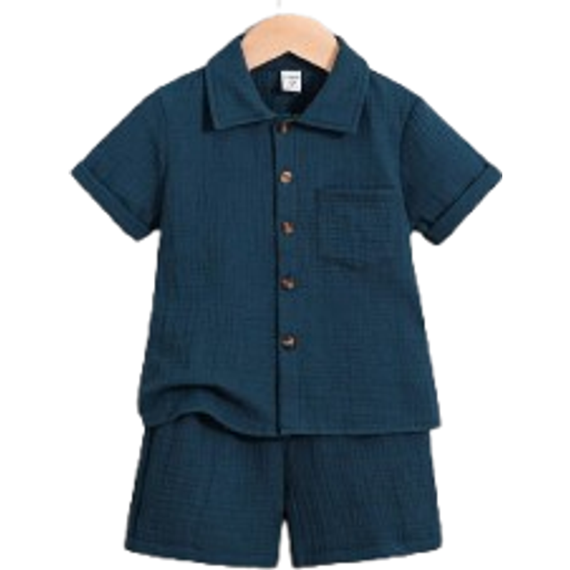 SHEIN 2pcs Set Young Boy Casual Simple College Style Cotton Short Sleeve Shirt And Shorts, Suitable For Daily Wear, College, Outing, Playing, Spring/Summer