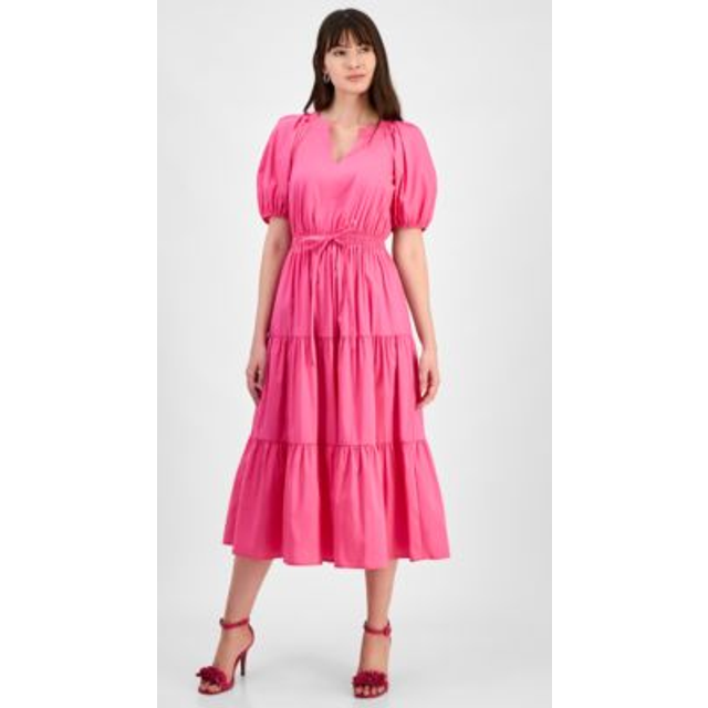 Anne Klein Poplin Tiered Puff Sleeve Midi Dress