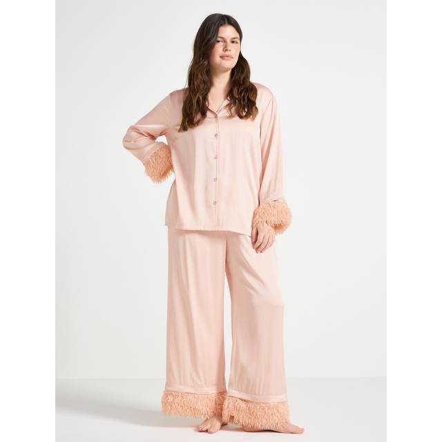 Satin pyjama set with faux feathers