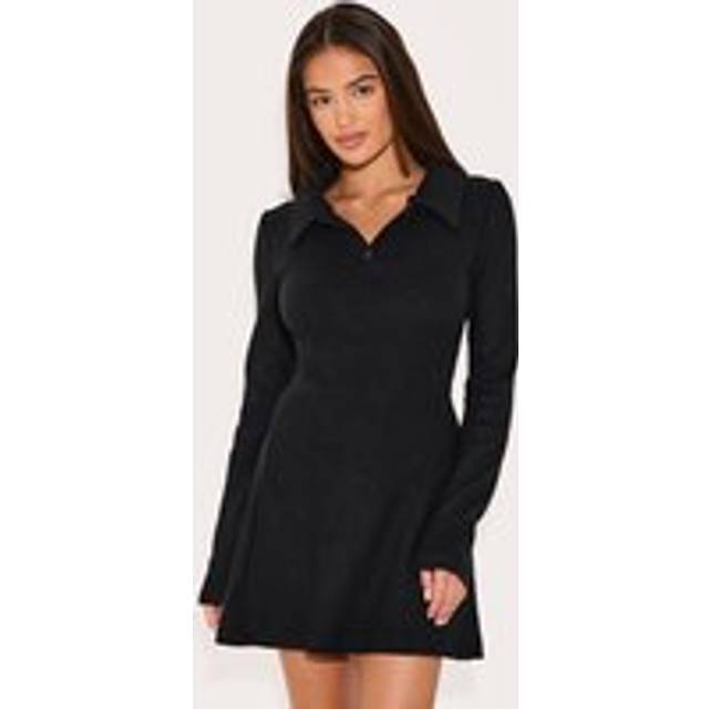Black Heavy Brushed Rib Button Up Shift Dress, Black - 4