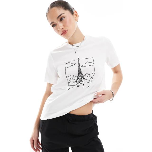 Pieces – Vit t-shirt med Paris-tryck-Vit/a