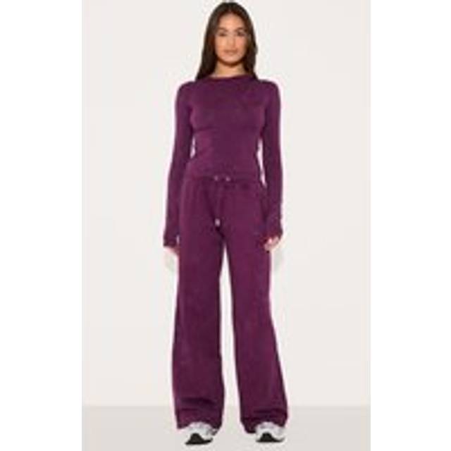 PRETTYLITTLETHING Plum Washed Low Rise Oversized Wide Leg Joggers, Purple - M