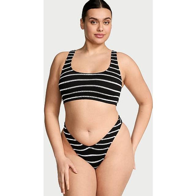 Victoria's Secret Black And White Stripe Scoop Crinkle Bikini Top - black and white stripe - M-L