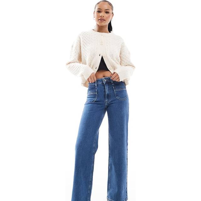ONLY Petite – Juicy – Blå jeans med vida ben, hög midja, fickor och mellanljus tvätt