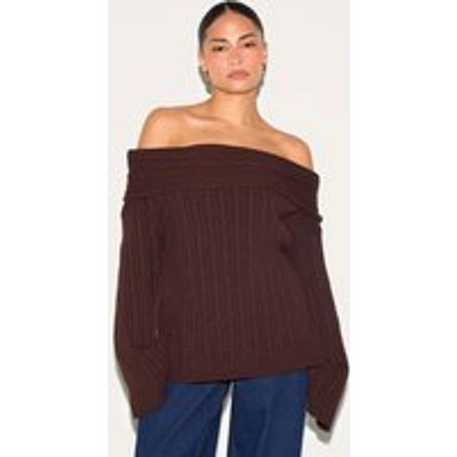 Petite Chocolate Knit Off The Shoulder Jumper, Chocolate - 4