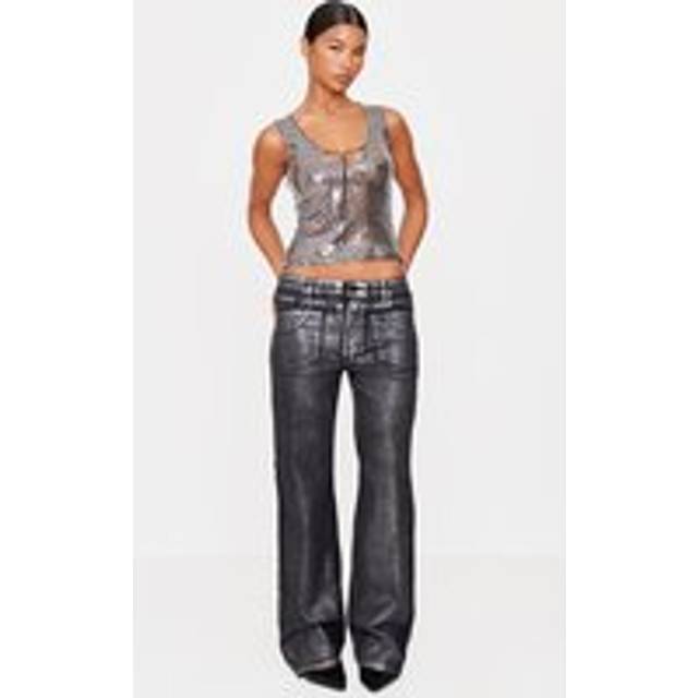 Black Metallic Effect Low Rise Wide Leg Jeans, Black - 14
