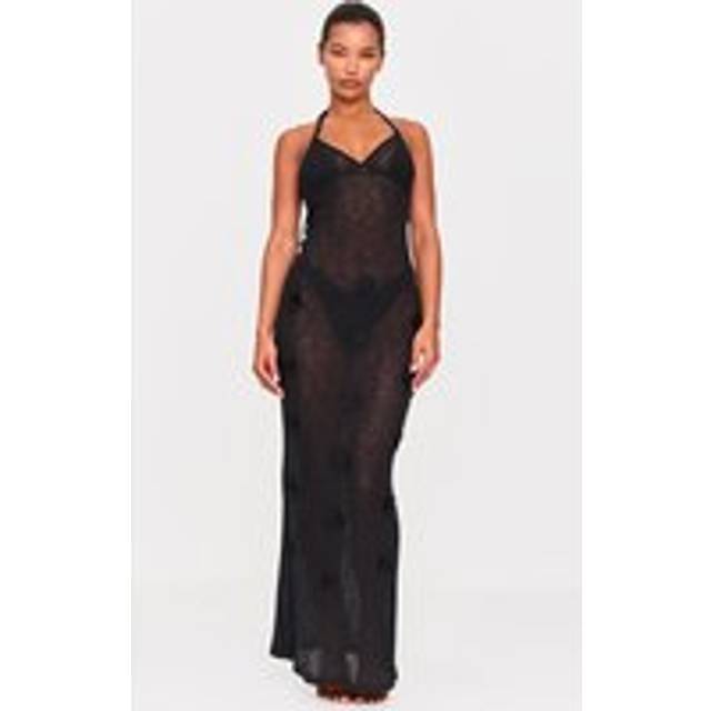 Black Floral Applique Knit Maxi Beach Dress, Black - 12