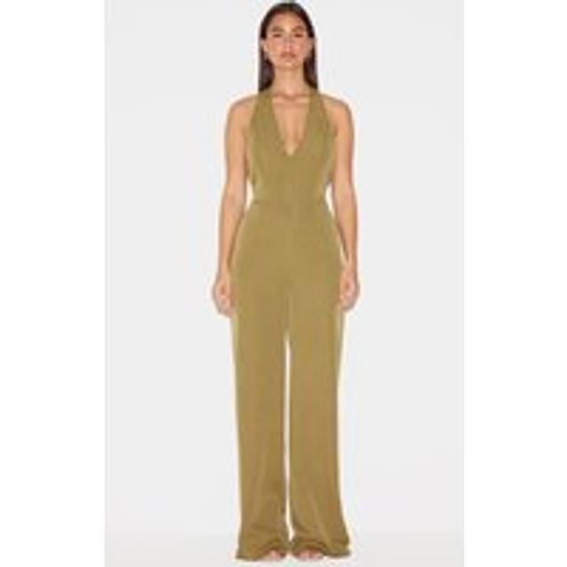 Khaki Woven Halter Neck Hook And Eye Detail Wide Leg Jumpsuit, Green - 6