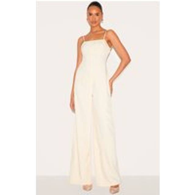 Cream Woven Backless Square Neck Wide Leg Jumpsuit, White - 4