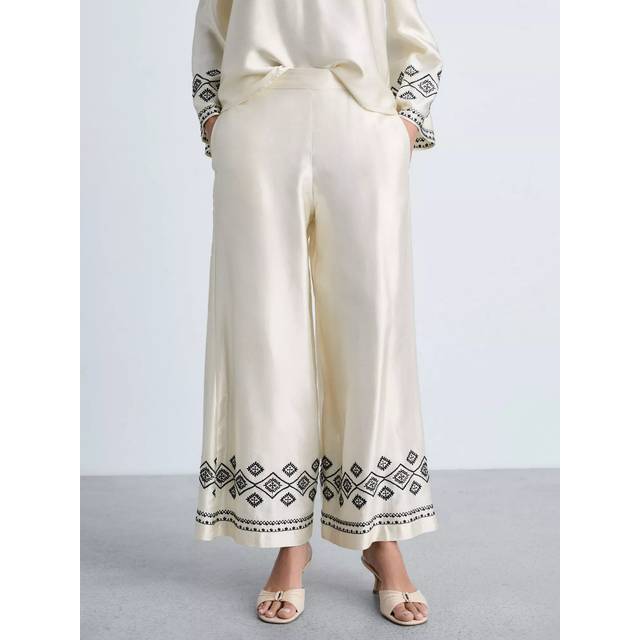 Mango Ziad Embroidered Satin Trousers, Beige/Black