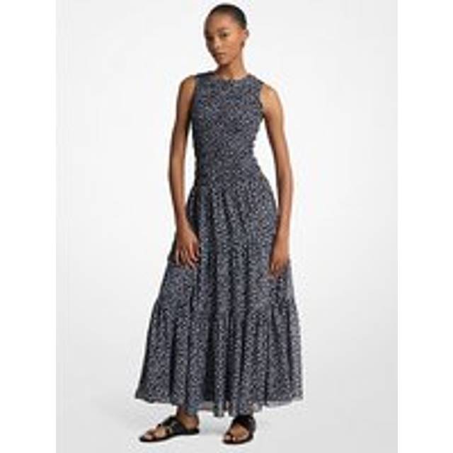 MK Floral Print Smocked Georgette Maxi Dress - Blue - Michael Kors - L