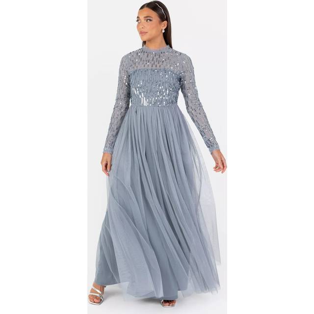 Maya Deluxe Linear Embellished High Neck Maxi Dress, Dusty Blue