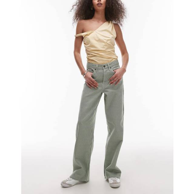 Topshop – Gröna, randiga, raka jeans med medelhög midja och ledig passform-Grön/a