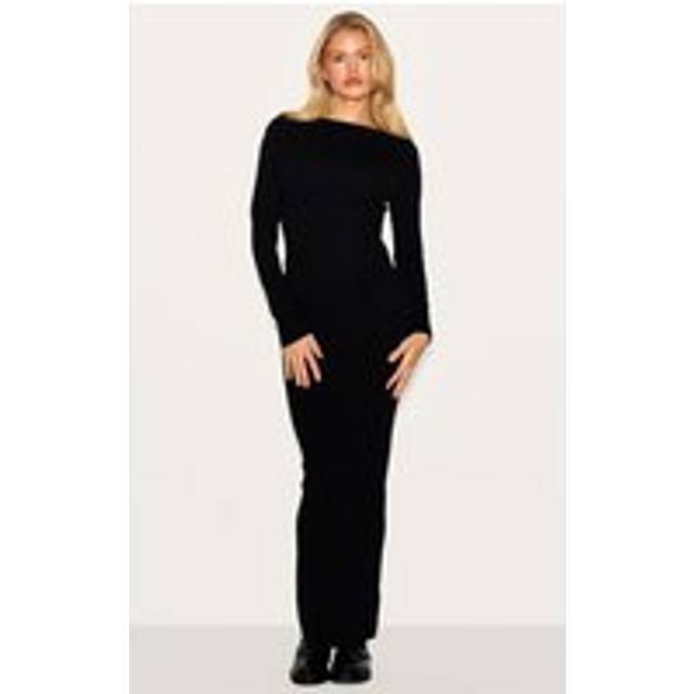 Black Basic Knit Asymmetric Neckline Long Sleeve Maxi Dress, Black