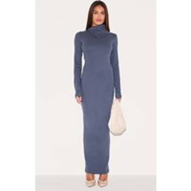 Navy Rib Oversized Collar Maxi Dress, Blue - 4