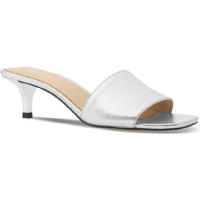 MK Merriam Metallic Leather Kitten Heel Sandal - Silver - Michael Kors