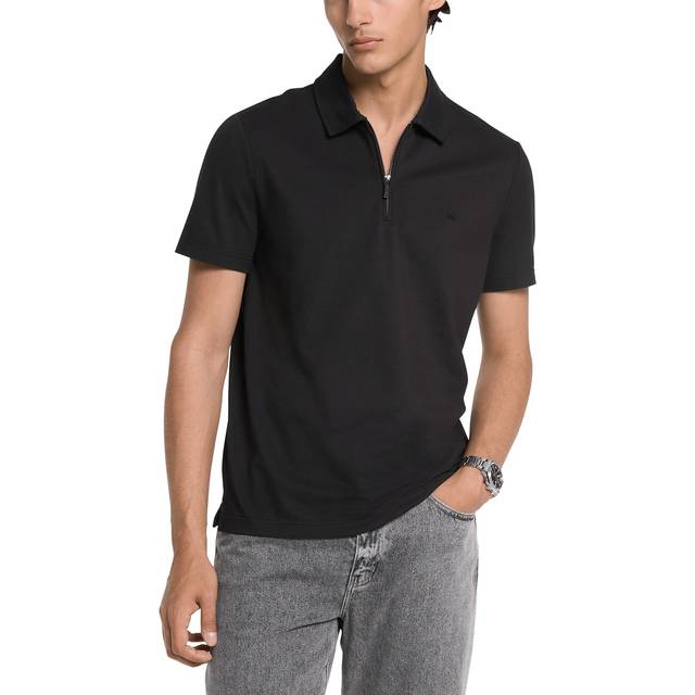 MK Cotton Blend Piqué Zip-Up Polo Shirt - Black - Michael Kors - XXL