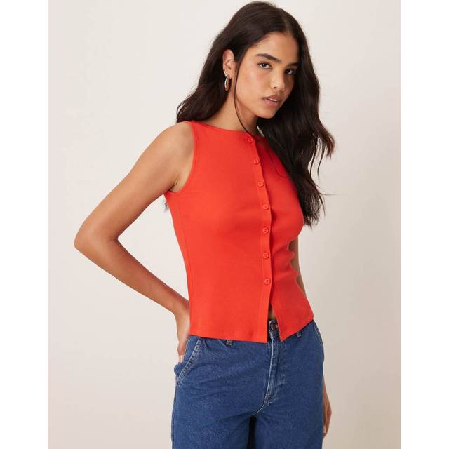 New Look Women's Red Rib Button Through Tank Top - UK 14