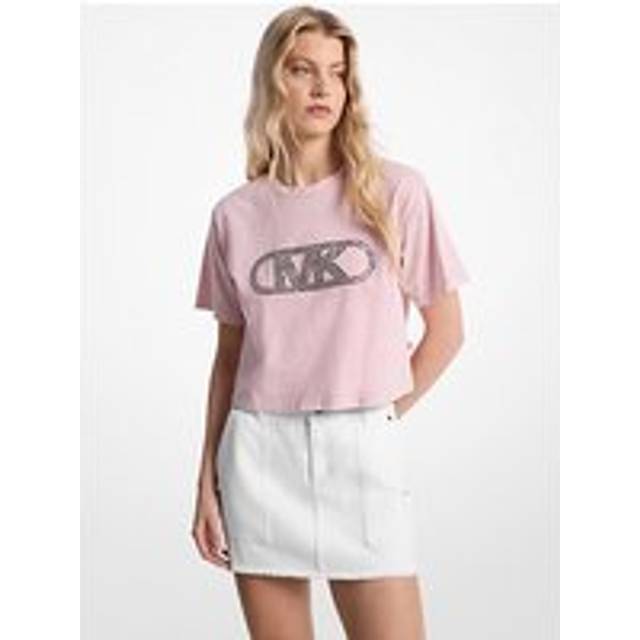 MK Studded Garment-Dyed Cotton Cropped T-Shirt - Pink - Michael Kors