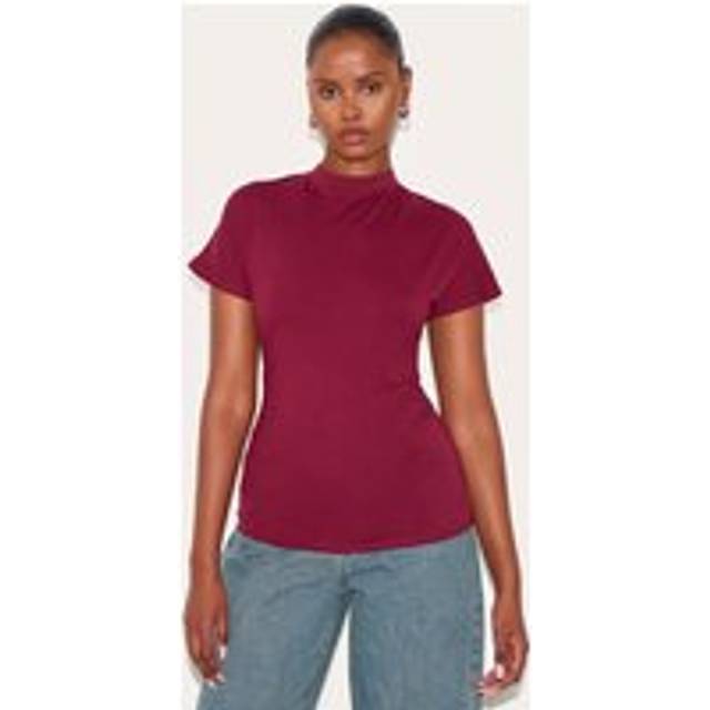 Wine Oversized Cinched Waist Detail T Shirt, Red - 4