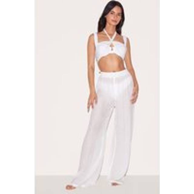 White Bandeau Beach Top and Trouser Set, White - 8