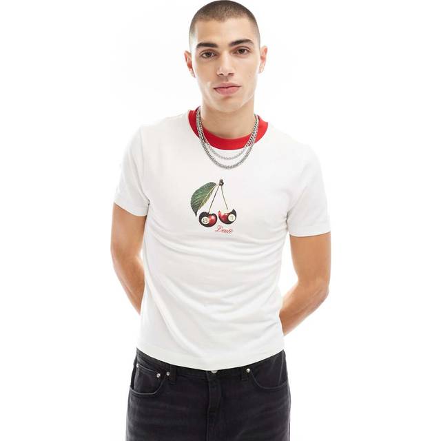 ASOS DESIGN – Vit t-shirt i muscle fit med kantrand och sporttryck på bröstet-Vit/a
