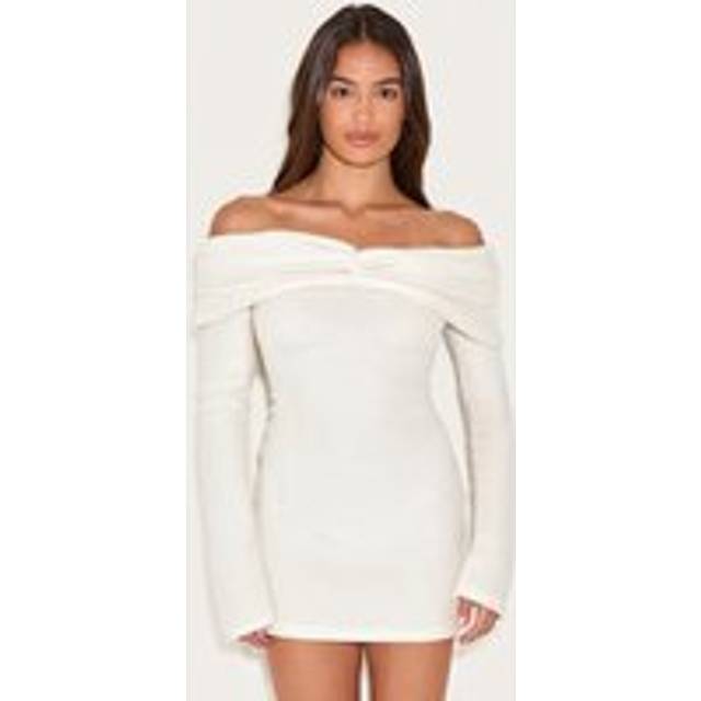 Cream Brushed Rib Bardot Long Sleeve Bodycon Dress, White - 14