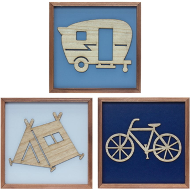 Melrose 85204DS 10 in. Square MDF & Wood Framed Tent, Camper & Bike, Blue & Brown - Set of 3