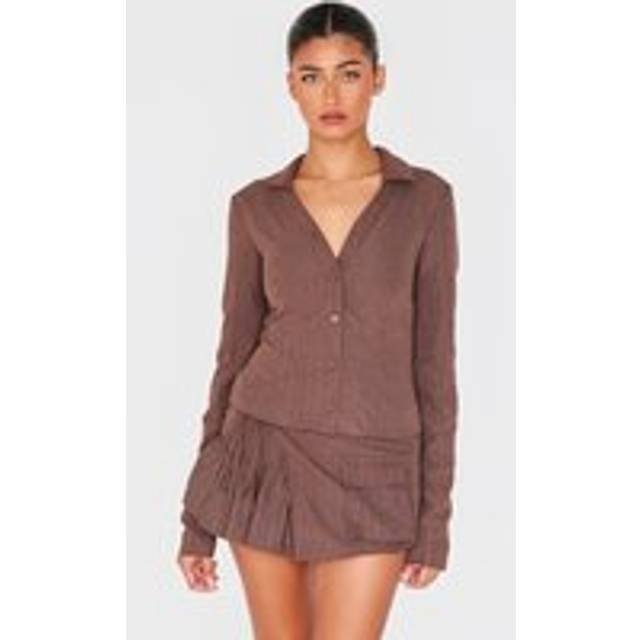 Dark Brown Peach Skin Pinstripe Woven Long Sleeve Cargo Shirt, Dark Brown - 4