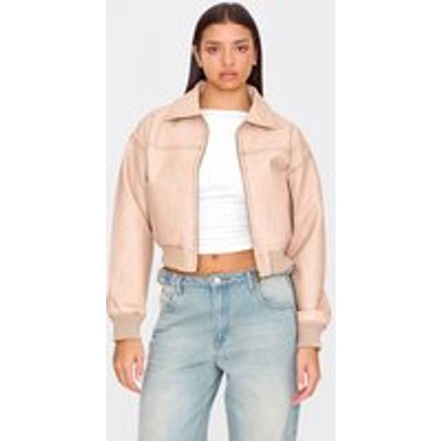 Cream Bleach Detail Faux Leather Cropped Bomber, White - 4