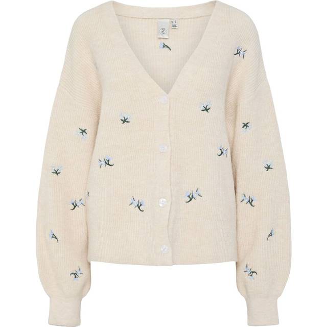 YAS Yasfleur LS Knit Cardigan S. Noos Dam Stickade Tröjor Stl. XS - Från Magasin - Birch/clear Sky Flowers (XS)