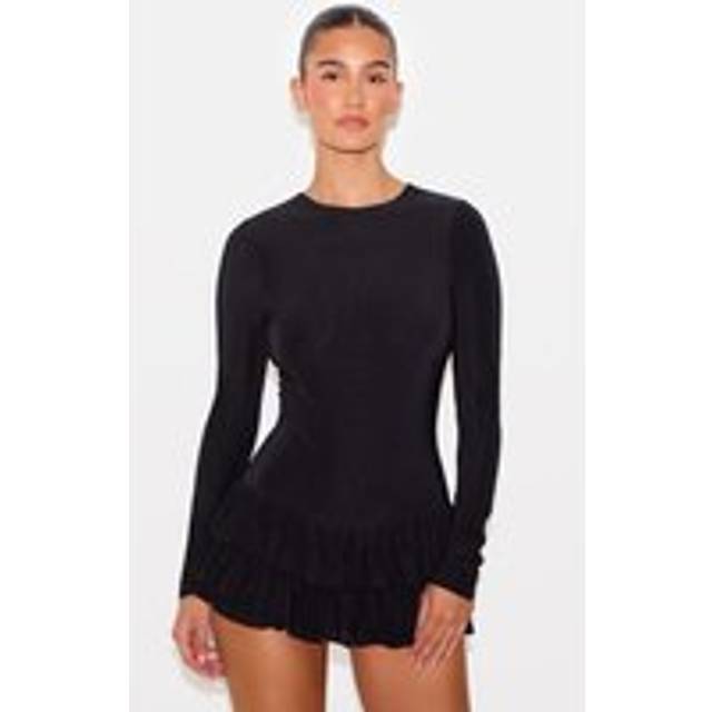 Black Double Layer Slinky Long Sleeve Rara Skort Playsuit, Black - 8