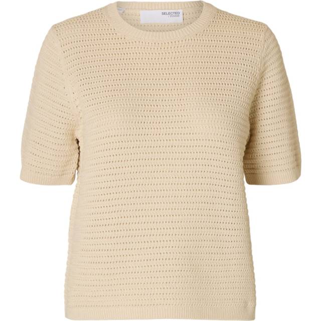 Selected Femme - SLFVinna SS Structure Knit O-Neck NOOS - T-shirt - Birch - XS