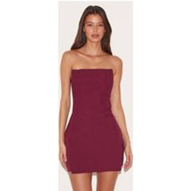 Wine Woven Panel Detail Bandeau Mini Dress, Red - 4