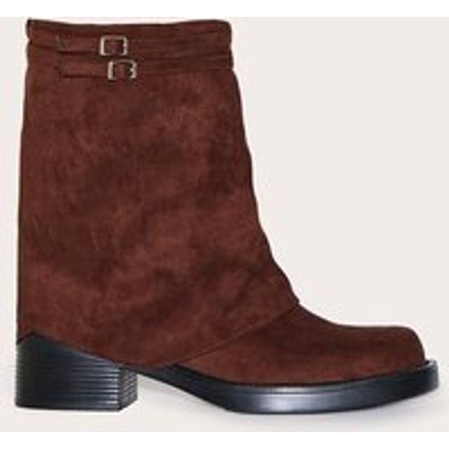 Chocolate Faux Suede Round Toe Fold Over Buckle Strap Ankle Boots, Chocolate - 7