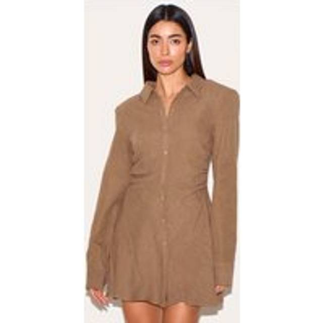 Mushroom Structured Ruched Detail Long Sleeve Shirt Dress, Mushroom - 6