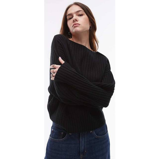 ARKET – Svart, stickad sweatshirt i ylle med asymmetrisk off shoulder-Svart/a