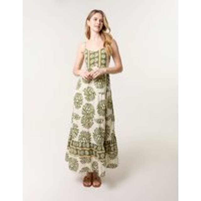 Blue Vanilla Khaki Abstract Strappy Button Front Maxi Dress - m