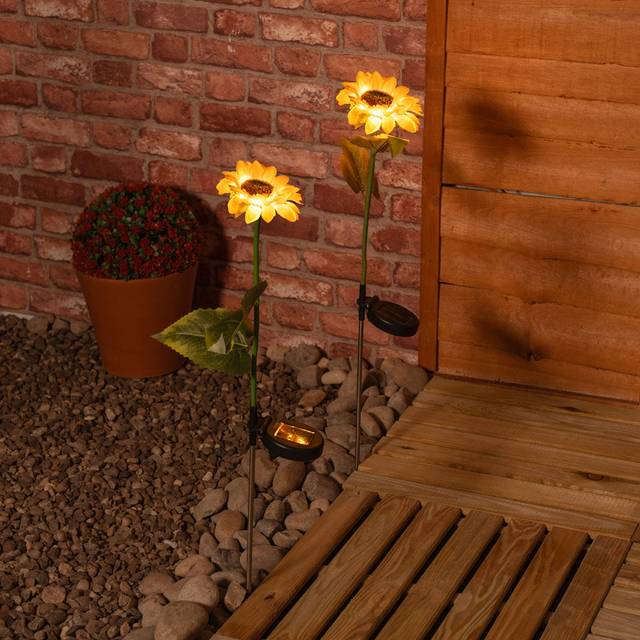 Yellow Sunflower Solar Powered Outdoor Spike Lights 2 Pack Garden Stake Lamp - Satin (73cm H X  14cm W X  14cm D)