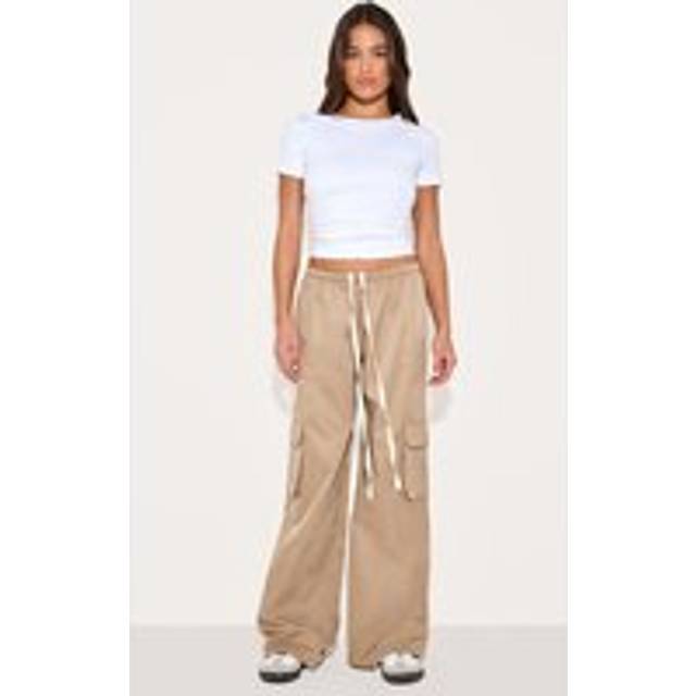Stone Drawstring Cargo Pocket Detail Straight Leg Trousers, White - 8