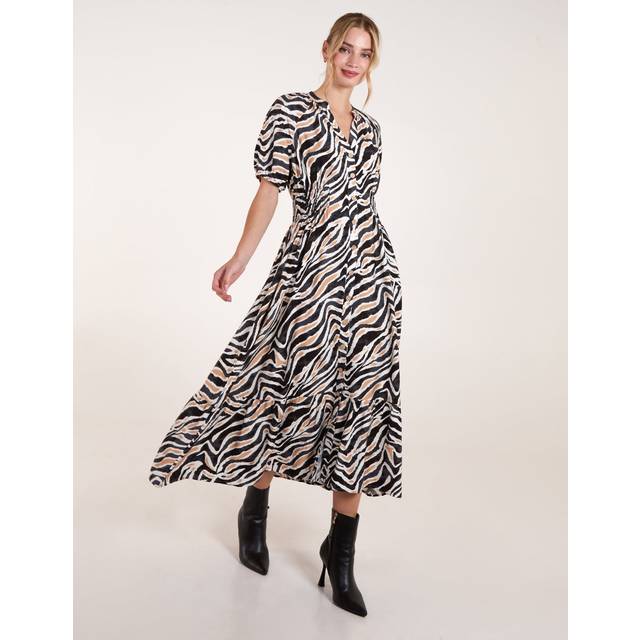 Blue Vanilla Black Shirred Waist Button Front Puff Sleeve Midi Dress