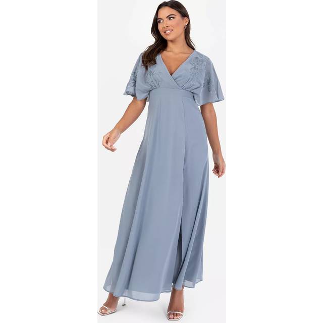 Maya Deluxe Wrap Bodice Floral Embroidered Maxi Dress, Dusty Blue