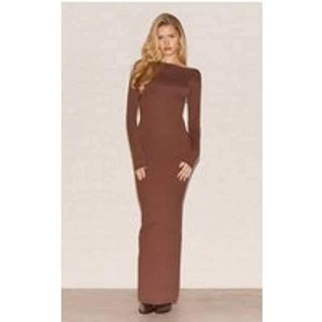Chocolate Basic Knit Asymmetric Neckline Long Sleeve Maxi Dress, Chocolate