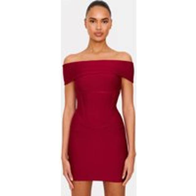 Burgundy Bandage Corset Detail Off The Shoulder Mini Dress, Red - 12
