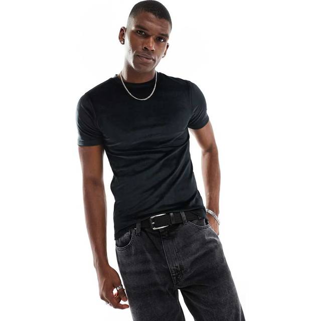 ASOS DESIGN – Svart t-shirt i velour och muscle fit-Svart/a