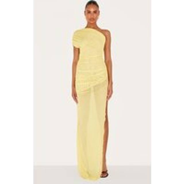 Yellow Mesh Ruched One Shoulder Thigh Split Maxi Dress, Yellow - 4